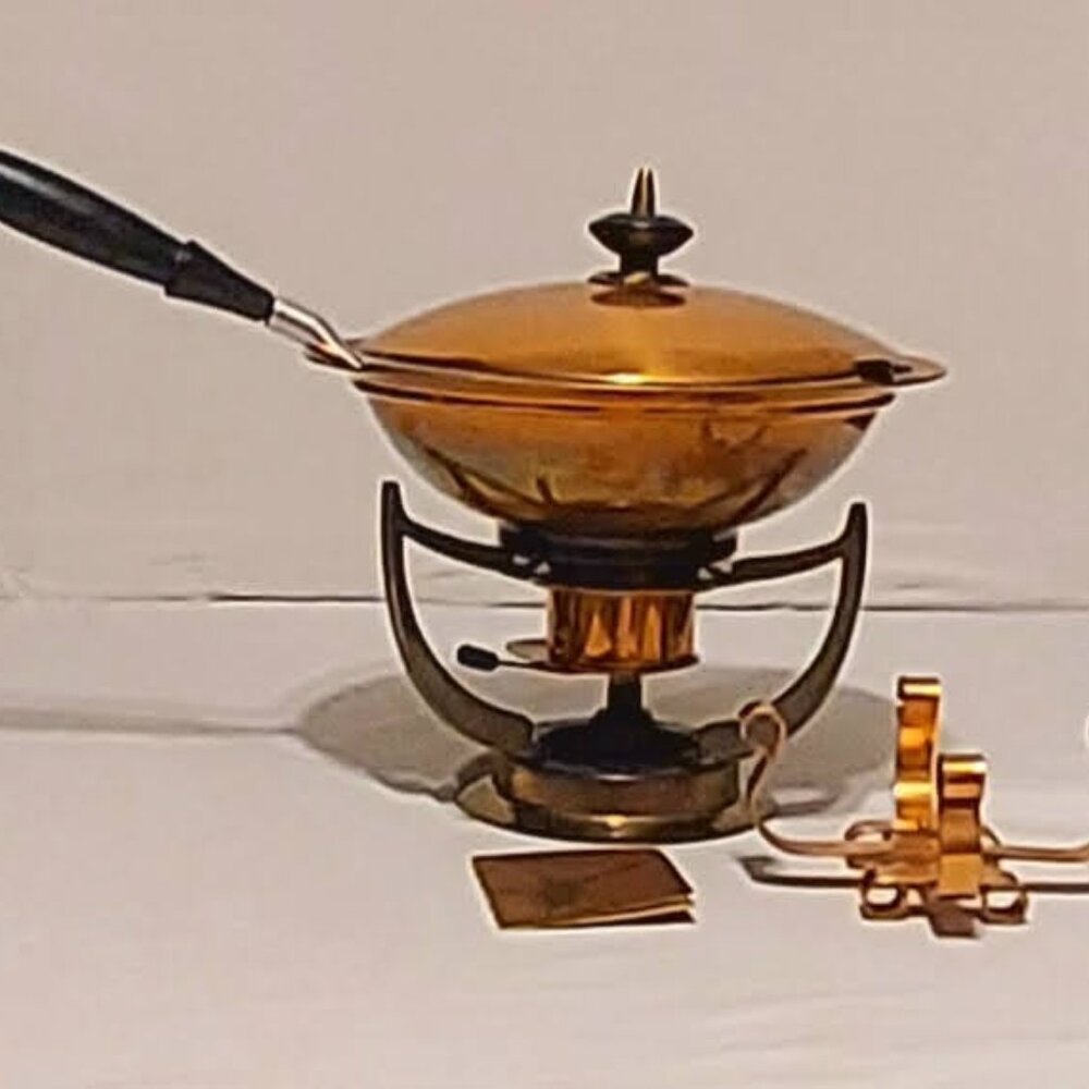 Elegant Vintage Copper Chafing Dish  Brass Base Stand & Burner Complete Set